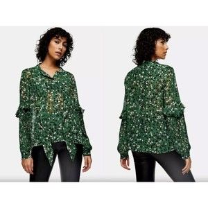 TOPSHOP Green w/dots ruffle, pleated LONG SLEEVE Tie Neck Chiffon Blouse Sz 6